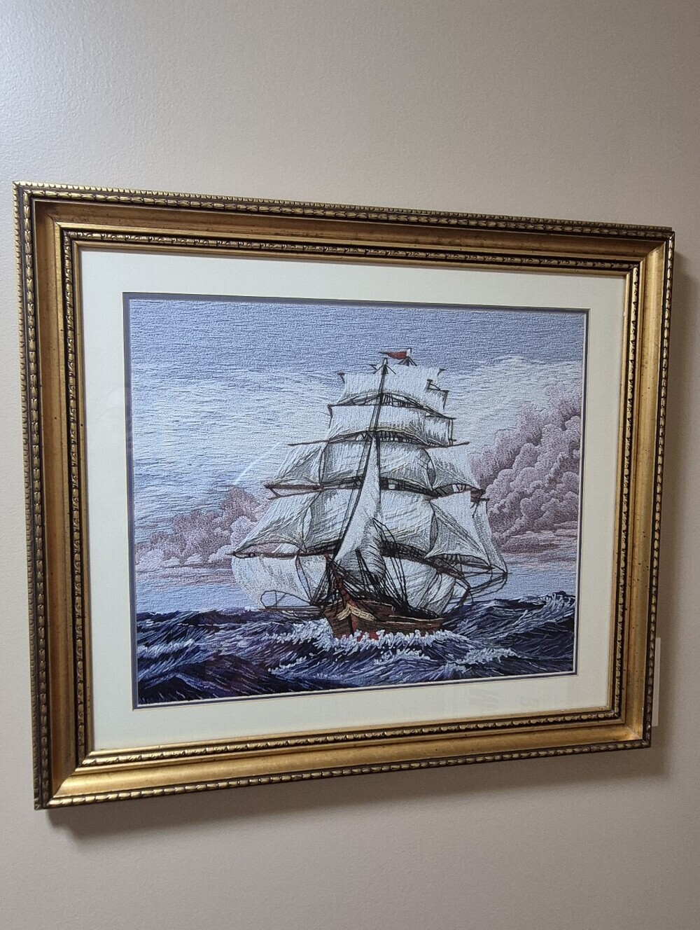 VINTAGE Large Clipper Tall Sail Ship Bunka Punch Embroidery Textile Art Framed